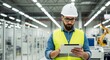 © homan - Professional male engineer wearing a white hard hat and safety vest using a digital tablet while working in a modern high-tech automated factory with industrial robotic arms.