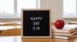 © Subrata - Happy Pi Day 3.14 Classroom Desk Scene with Chalkboard Sign, Books and Apple