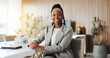 © DavidsPrime/peopleimages.com - Portrait, smile or black woman in office with pride, about us or job goals in finance industry. Happy, corporate or analyst in firm with confidence, career growth or experience in risk management.