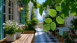 © Maksim Shebeko - Sunlight filters through lush green leaves, illuminating a serene terrace adorned with flowers Generative AI