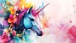 © Kabita - Vibrant unicorn head with floral mane and rainbow horn closeup