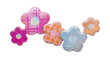 © Glenn - assortment of iridescent holographic flower stickers with patterned surfaces, isolated against a dark background.