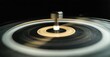 © antishock - Rotating vinyl record, blurred motion suggests playback. Needle rests upon grooves, creating sound. Dark background emphasizes circular pattern.