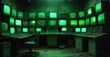 © antishock - Dark room filled with numerous old monitors displaying static. Desks, chair present. Eerie, unsettling atmosphere dominates scene.