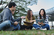 © crizzystudio - Young asian students discussing project while studying on campus grass