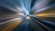 © CreativeArt - Person walking fast through a speeding light tunnel, concept of time travel and future opportunities
