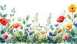 © artestdrawing - Elegant Botanical Watercolor Border with Wildflowers and Green Foliage, Airy Composition Isolated, Transparent