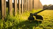 © rudmila - Close-up of a string trimmer head cutting lush green grass near a weathered wooden fence, illuminated by the warm glow of setting sun.