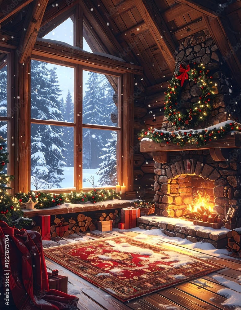 Cozy cabin interior with fireplace and Christmas decor (1) Stock Photo ...