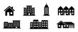 © David - Collection of black building and house icons showing different architectural styles like skyscrapers, apartments, townhouses, and suburban homes in a clean vector silhouette design