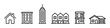 © David - Set of black line art building icons showing various types of residential real estate like a house, apartment, skyscraper, and townhouse in a simple minimalist graphic style