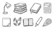 © David - Various hand-drawn black and white study and office supplies are neatly arranged, showcasing a collection of essential educational and work items in a clean, illustrative doodle style