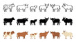 © David - Various types of cattle illustrations in a grid, showcasing different breeds and ages in outline, silhouette, and flat color graphic styles