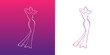 © teracreonte - Logotipo de boutique de moda femenina. Dibujo sencillo con líneas de una mujer de pie con los brazos levantados con un vestido color violeta, vista de perfil