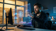 © Banteng - Man interacting with futuristic transparent screen displaying digital data in a modern office environment at night with city view