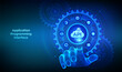 © iuriimotov - API. Application Programming Interface. Software development tool, cloud computing technology concept. Hand touching digital interface with interconnected gears and icons. Vector illustration.