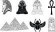 © Shoriful - Ancient Egyptian symbols collection featuring pharaoh profiles, Great Pyramids with hieroglyphics, winged scarab beetle, ankh cross, and sphinx for history education designs.