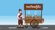 © Angling - Illustration of a smiling Thai man in traditional attire operating a mobile street drink cart with colorful beverages, showcasing Asian culture and local business.