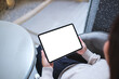 © Farknot Architect - Top view mockup image of a woman holding digital tablet with blank white desktop screen