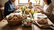 © Budi - Family gathering around festive table with traditional Easter meal, bread and dishes, celebrating holiday, spring season, togetherness, and joyful Christian tradition in warm home setting.
