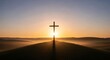 © Budi - Silhouette of a simple wooden cross standing alone on a hill against a dramatic glowing bright yellow and orange sunrise sky for traditional christian happy easter religious resurrection concept.