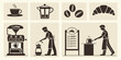 © RABBI - A person is seen working in a cafe, with coffee cups, a coffee machine, and a trash can. Vector