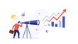 © Shuvo - Man uses a telescope on a tripod to observe rising bar charts and arrows, representing market research, business vision, and future outlook.