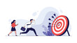 © Shuvo - Businessman and woman running toward a target full of arrows, symbolizing competition, shared goals, and high performance achievement.