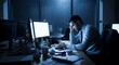 © Photo Verse - Office worker sitting in dark workspace illuminated only by computer screens late night overtime atmosphere messy desk tired posture high resolution cinematic corporate burnout mood