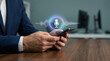 © Monktwins - Businessman using smartphone with holographic voice assistant icon. Mobile voice control and speech recognition.