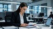 © Photo Verse - Female manager reviewing documents under harsh fluorescent light tense shoulders modern office desk high-resolution realistic photography style