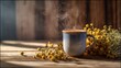 © decorator - Fragrant herbal tea serenity warm morning light chamomile flowers rustic wood peaceful moment lifestyle photography