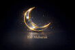 © Faraz-9461894 - A golden crescent moon shines brightly on a dark background, surrounded by sparkles and stars, with the text 'Eid Mubarak' written in gold below it, creating a festive and celebratory atmosphere.