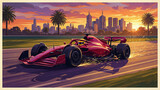 red formula one car speeding along the city track against the background of a modern metropolis and the setting sun with bright sparks flying from under the wheels for speed and tension
