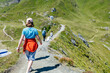 © Elena Medoks - Family hiking on mountain trail with dog in summer