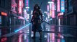 © Nik - Samurai standing alone in neon city street at night with sword