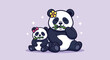 © NFS Studio - Cute Mother and Baby Panda Eating Bamboo Together Vector.