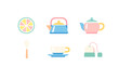 © Mark - A collection of six flat vector icons related to tea time, including a lemon slice, kettle, teapot, spoon, teacup with saucer, and a tea bag, all in pastel colors on a black background.
