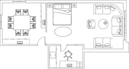 Naklejka na meble Top view apartment floor plan vector illustration, modern home layout with bedroom, living room, dining area and office workspace isolated on white background