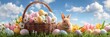 © DSimage - Easter basket filled with colorful eggs and spring flowers on grass, with a cute brown bunny and a bright blue sky with clouds in the background.