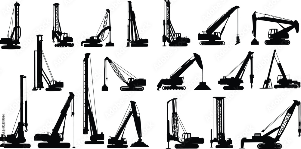 Heavy construction machinery silhouettes, pile drivers, drilling rigs ...