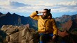 © DC Studio - Male mountain hiker celebrates a victorious climb and resting at the top, arms lifted in excitement while he sits on the rocks. Panoramic view and crisp air in a scenic background. Camera B.
