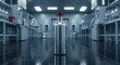 © Cleverson - A sleek silver water bottle with a red cap sits alone in a modern laboratory setting with stainless steel shelves and equipment.