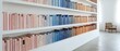 © Yuliia - Modern minimalist library interior with color-coordinated books arranged by gradient from pink to blue on white floating shelves in contemporary space.