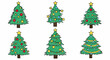 © Cil - Conjunto vibrante de seis árvores de Natal ilustradas em estilo desenho animado, decoradas com estrelas, bolas e guirlandas coloridas, perfeitas para designs festivos de inverno.