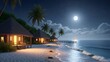 © Dahab - Moonlit tropical beach with illuminated huts and calm ocean waves at dusk, viewed from a serene shoreline.