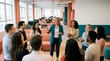 © Yuliia - Professional blonde businesswoman leading team meeting in modern open office space with diverse group of colleagues discussing strategy and collaboration.