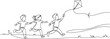 © mst - Happy healthy children with kite run together outdoor. Friends together have fun. one line art icon drawing vector