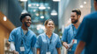 © Jared - Diverse healthcare team in scrubs walking and talking in hospital corridor