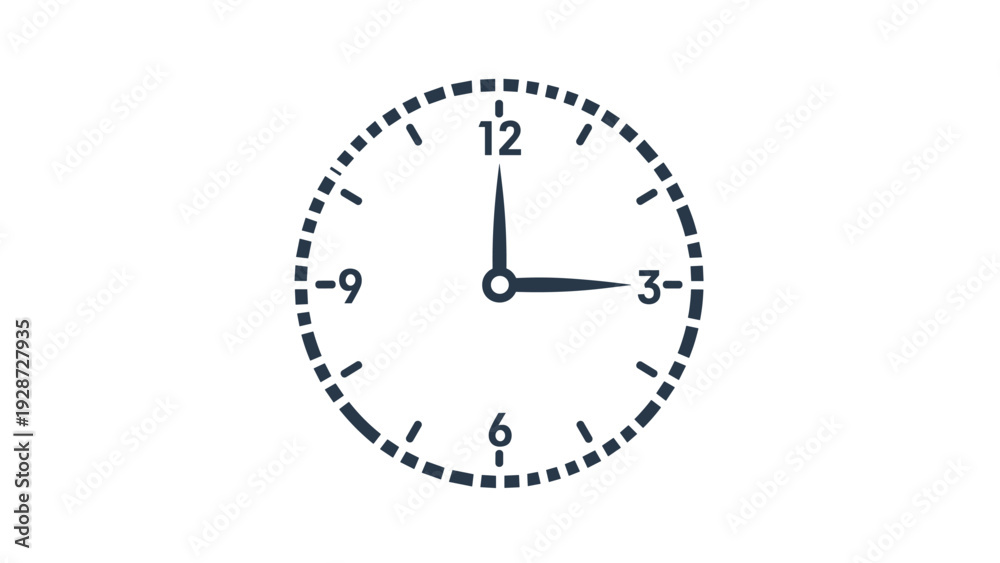 Simple analog clock face with black markings and hands showing exactly ...